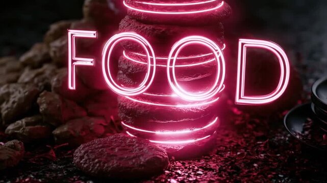 Stacked cookies with the word FOOD in neon pink glowing letters sit on a dark, textured surface. ..Created with Generative AI, not depicting real subjects.
