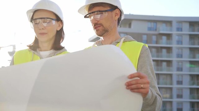 Man and woman architects or engineers wearing safety hard hats and vests holding blueprint and discussing something on construction site at sunrise, front view. Architecture and engineering concepts