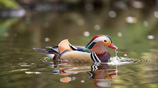 Mandarin duck swimming in a peaceful forest pond, vibrant male wood duck with colorful plumage floating on calm water, exotic waterfowl in a serene natural habitat with soft bokeh lighting