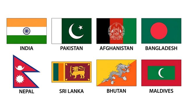 Set of eight SAARC country flags India Pakistan Afghanistan Bangladesh Nepal Sri Lanka Bhutan Maldives
