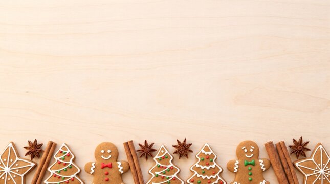 Gingerbread cookies with red and green icing on light wood, copy space above