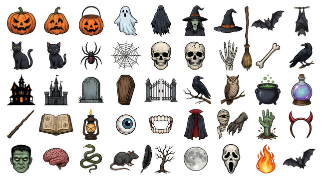 Collection of various hand drawn halloween themed stickers featuring spooky icons and festive holiday decorative elements
