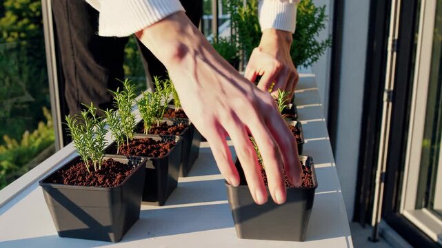 Balcony herb pruning with scissors and seedlings closeup of hands trimming rosemary and thyme in row of black planters on window rail, golden hour light, meticulous kitchen garden routine.