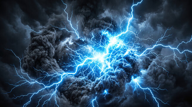 Brilliant blue lightning bolt striking through dark storm clouds at night.