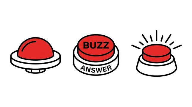 Set of quiz buzzer buttons with buzz answer text cartoon icon isolated on white background
