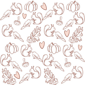Cute Autumn Woodland Animals and Pumpkins Seamless Pattern