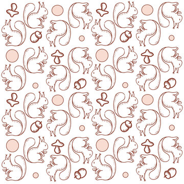 Cute Squirrel and Mushroom Seamless Pattern with Acorns