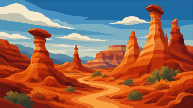 Red Desert Hoodoo Rock Formations With Winding Canyon Trail