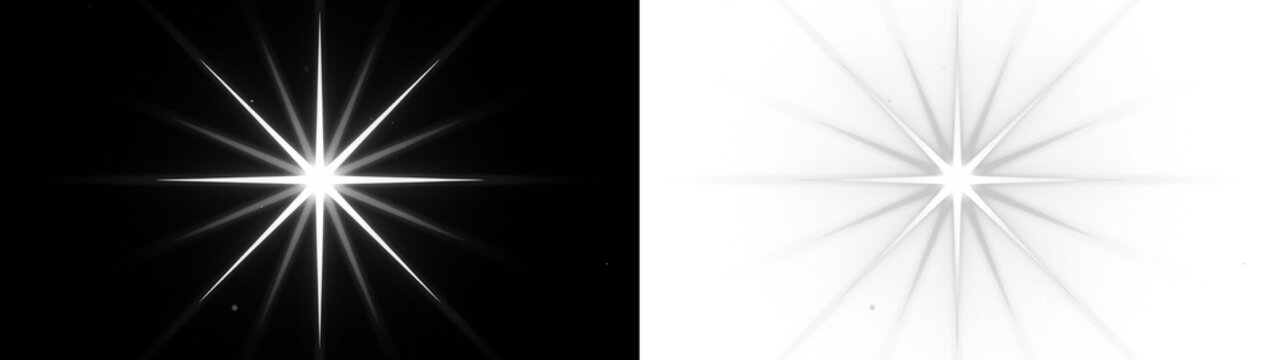 Bright starburst light effect with multiple sharp rays radiating from a central point, glowing flare design element isolated on transparent background