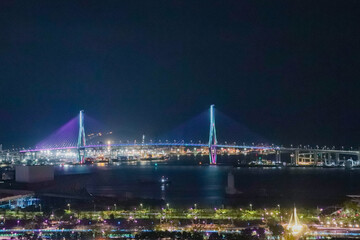 Obraz premium Colorfully illuminated suspension bridge over the sea in a Korean city at night カラフルにライトアップされた韓国の海上橋と都市の夜景