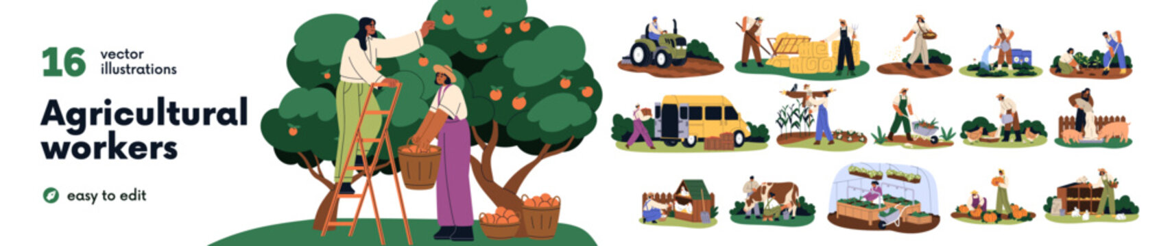 Farmers do agriculture works set. Rural life with crop plants, harvest, animals and farm workers at countryside. Agribusiness at country, village, farmland. Flat vector illustration isolated on white