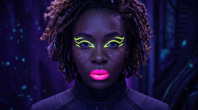 Futuristic woman portrait with neon glowing makeup and UV reactive cosmetics