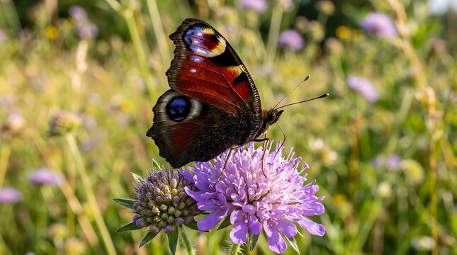 European peacock butterfly Aglais io feeding on purple scabious flower in wildflower meadow macro