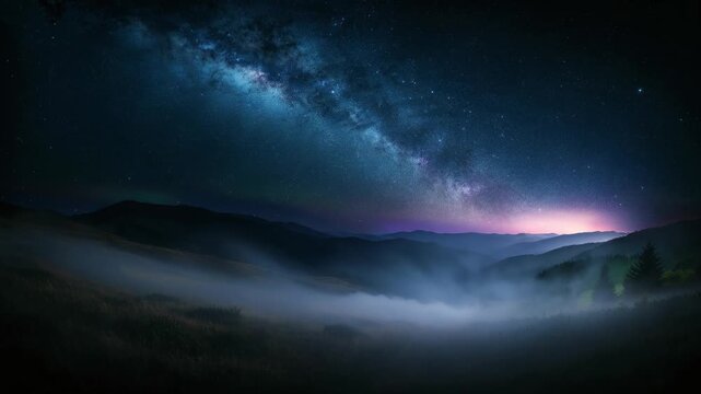 Milky Way Arches over Misty Mountain Valley at Night with Glowing Path and Starry Sky Cinematic Landscape