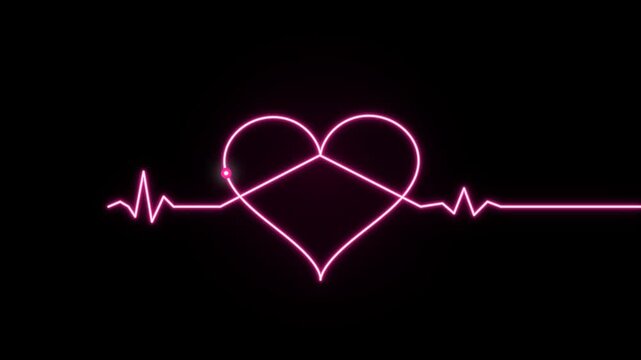 Pink neon heart pulse line glowing on black background