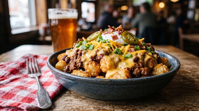 Loaded tater tots with chili and toppings sit on a wooden table