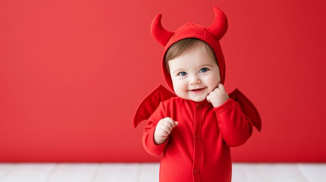 Baby wearing a red devil costume with horns and wings, happily smiling and touching cheek on a vivid red background