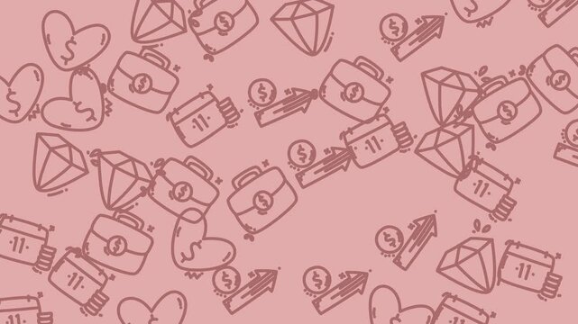Doodle hearts diamonds briefcases money signs arrows graphs background pink pattern design. Suitable for financial, feminine, and business concepts.
