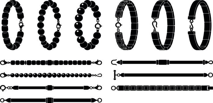 Black silhouette vector icon set of fashion bracelets wristbands beaded chains and jewelry clasps