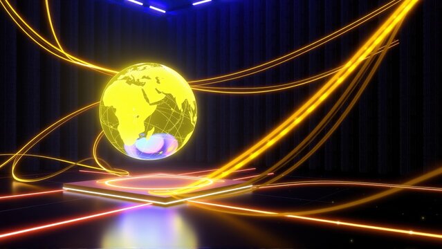 Glowing globe floats above platform. Neon lights create futuristic, dynamic scene. Dark background emphasizes bright colors, technology.