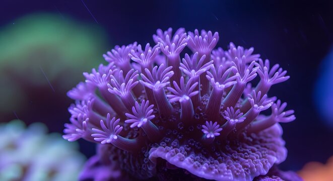 Purple coral polyp with intricate branches during underwater illumination
