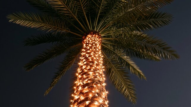 Palm tree trunk wrapped in warm string lights illuminating fronds against a dark sky, creating a vibrant holiday display