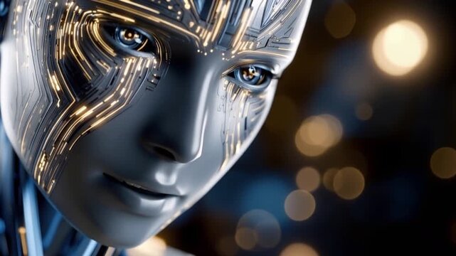 Close-up of a humanoid robot's face with intricate glowing circuits, hinting at artificial intelligence and futuristic technology. ..Created with Generative AI, not depicting real subjects.