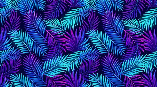 Vibrant neon tropical palm leaves seamless pattern on dark background for modern design and summer concepts
