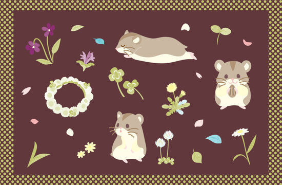 Cute Hamsters with Spring Wildflowers and Floral Border