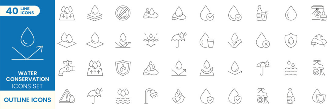 Water conservation and saving icons set. Featuring clean water, eco protection, rainwater, leakage prevention, sustainable usage, recycling and environmental care symbols. Editable stroke