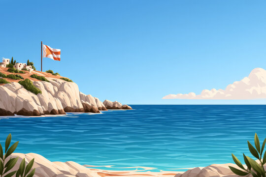 Stylized Cyprus coast overlooks a bright blue Mediterranean sea. Island travel, coastal tourism, vector landscape.