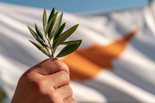 Hand raises an olive branch against a softly blurred flag. Peace gesture, Cyprus identity, national unity.