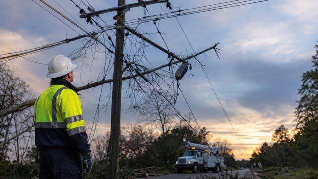 Utility worker in safety gear observes downed power lines and damaged utility pole during power outage at dusk on a rural road surrounded by trees