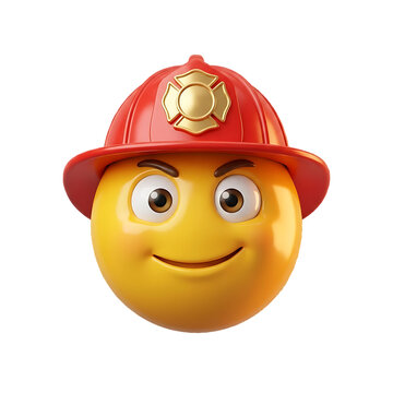Firefighter firefighter helmet emoji icon. Wearing a red fire hat and gold badge. Smiling yellow face 3D rendering isolated on transparent background for emergency services graphics
