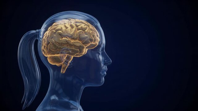 3D medical animation of a glowing orange human brain inside a transparent blue head profile for science and anatomy concepts.
