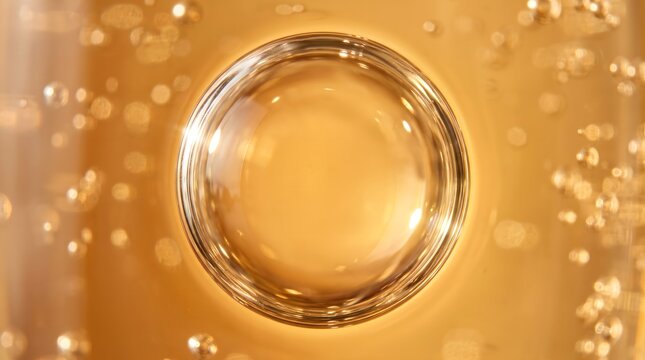 Bubble ring floating in golden liquid close up macro