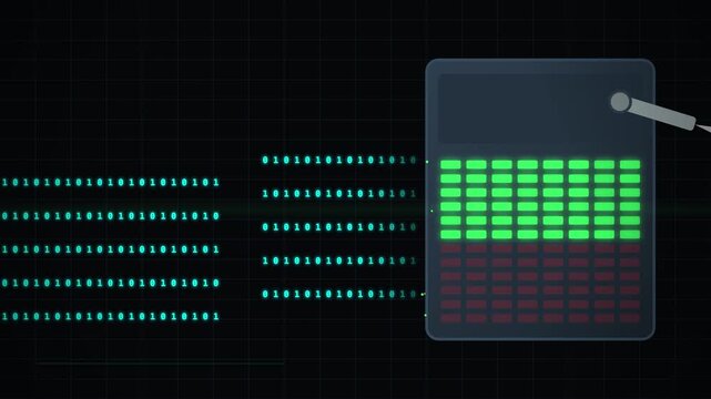 Abstract digital binary data stream writing into hard drive disk sectors, conceptual representation of information technology storage process and data transfer in a dark neon computer environment.