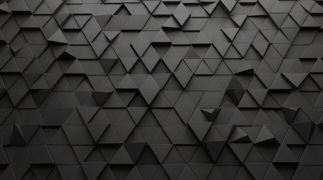 Abstract dark geometric background featuring a 3D pattern of interlocking triangles with depth