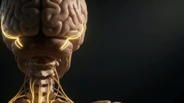Detailed 3D anatomical model showing the human brain, cerebellum, and spinal nerves on a dark background.