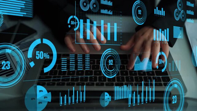 A business professional engages with a laptop in a modern office, surrounded by glowing blue data visuals, depicting trends and insights for strategic decisions. Xenic