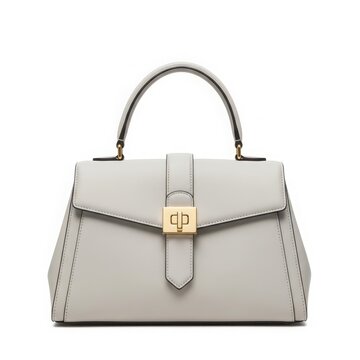 Elegant gray handbag with gold clasp closure isolated on white background