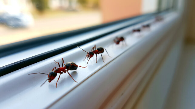 Line Of Small Black Ants Crawling On White Window Sill Macro
