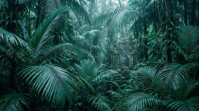 Lush tropical rainforest with ancient stone ruins hidden amongst vibrant green palm leaves and foliage