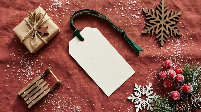 Blank gift tag with christmas decorations and festive ornaments on red textured background
