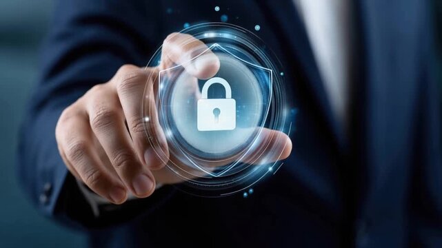 A close-up shot captures a person's finger pressing a digital lock icon. ..Created with Generative AI, not depicting real subjects.