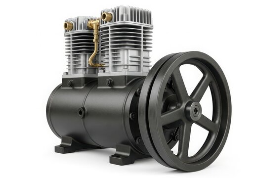 Classic air compressor with large flywheel isolated on white background