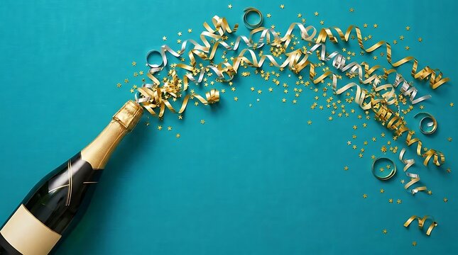 Champagne bottle popping with gold confetti and streamers on teal background for celebration