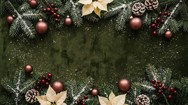 Christmas border frame with pine branches and matte baubles on dark green rustic background