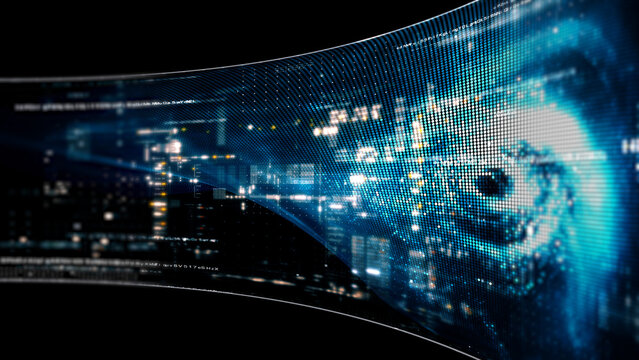 Abstract particle motion with vibrant colors, digital flowing particles, VR, futuristic sci-fi, tech innovation, and immersive cyber space background