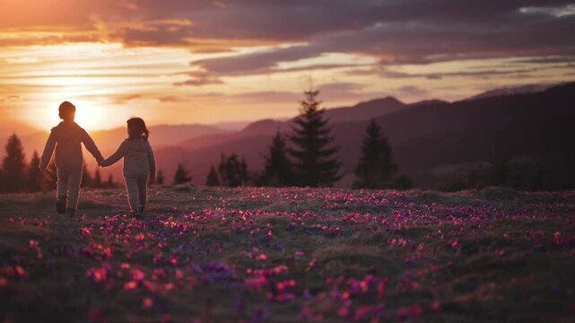 Kids walking hand in hand over flower covered meadow, heaven like atmosphere, love, together